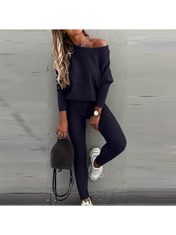 Brilliant 2 Piece Outfit for Women Pants Matching Set Womens Sweatpants Women's Fashion Suit Long Sleeve Color Round Neck Sweatsuit Blue XL