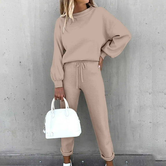 Brilliant 2 Piece Outfit for Women Solid Color Pullover Long Sleeve Top + Casual Pants 2 Piece Set-Khaki,XXL Clearance Clothes under $5.00