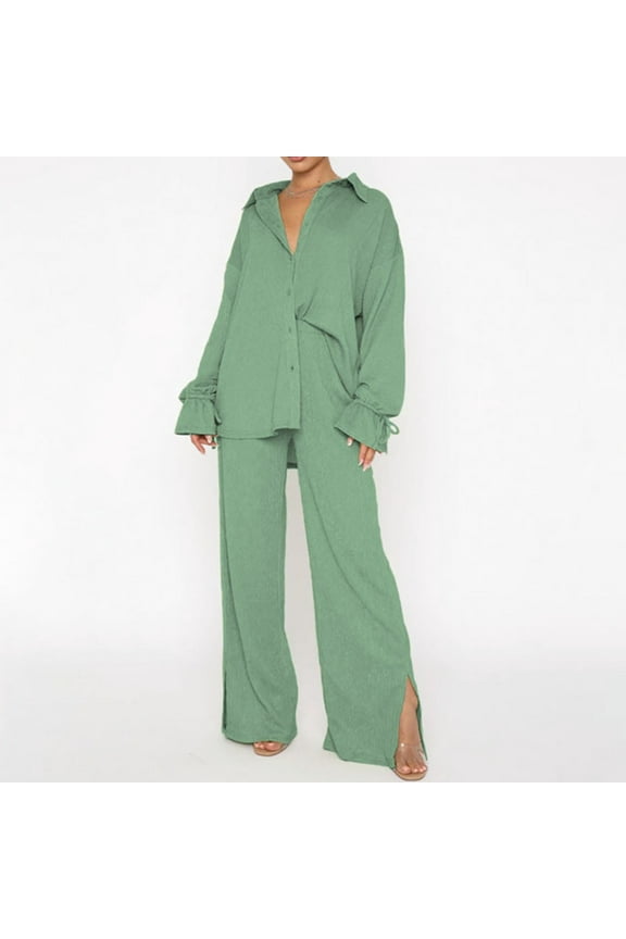 Brilliant 2 Piece Outfit for Women Womens Fall Clothing New Arrivals Women's Long-Sleeved Loose Pleated Wide-Leg Pants Two-Piece Casual Suit Blue XL