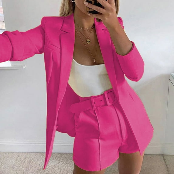 Brilliant 3 Piece Sets Women Clothing Shorts Vacation Outfits for Women Solid Color Long Sleeve Turndown Collar Coat Casual Short Pants Belt Three Piece Set Pink S