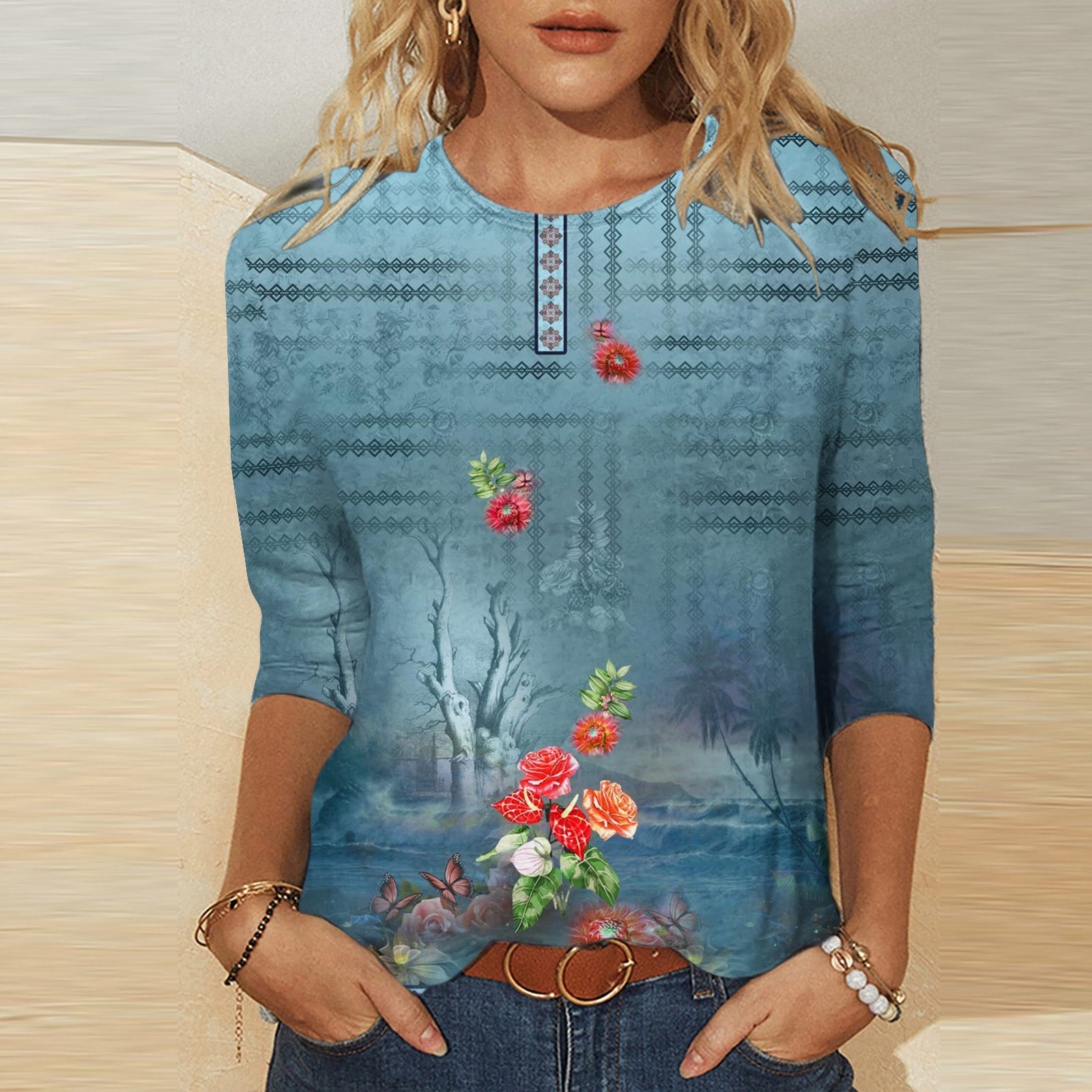 Brilliant 3X Womens Tops Fashion Printed Loose TShirt 3/4 Sleeves