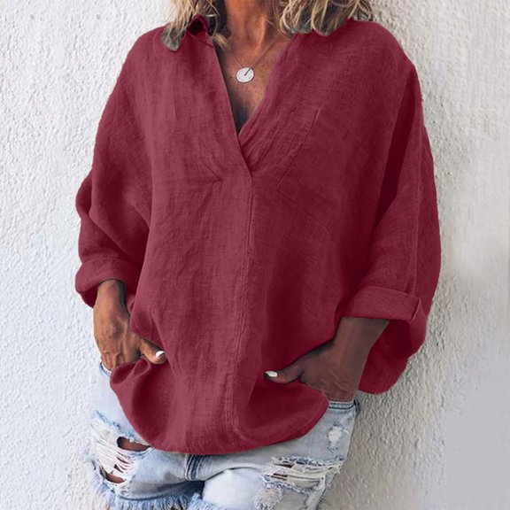 Brilliant 3X Womens Tops Fashion Solid Color Tops Long Sleeved Loose Cotton and Linen Loose Shirt Blouse V-Neck Casual Tops clothes under $5.00