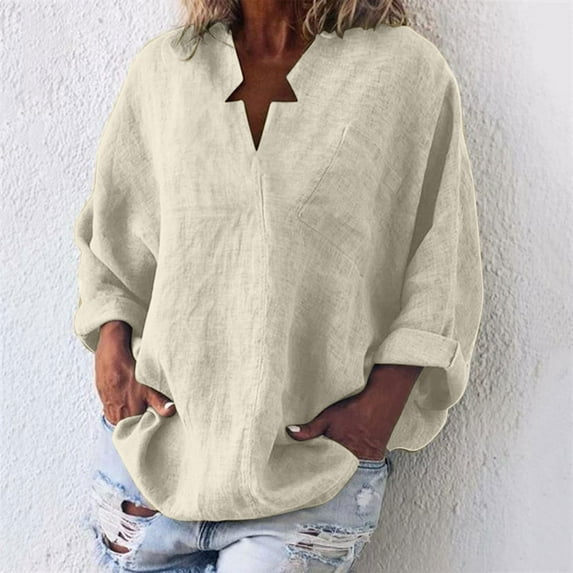 Brilliant 3X Womens Tops Fashion Solid Color Tops Long Sleeved Loose Cotton and Linen Loose Shirt Blouse V-Neck Casual Tops clothes under $5.00