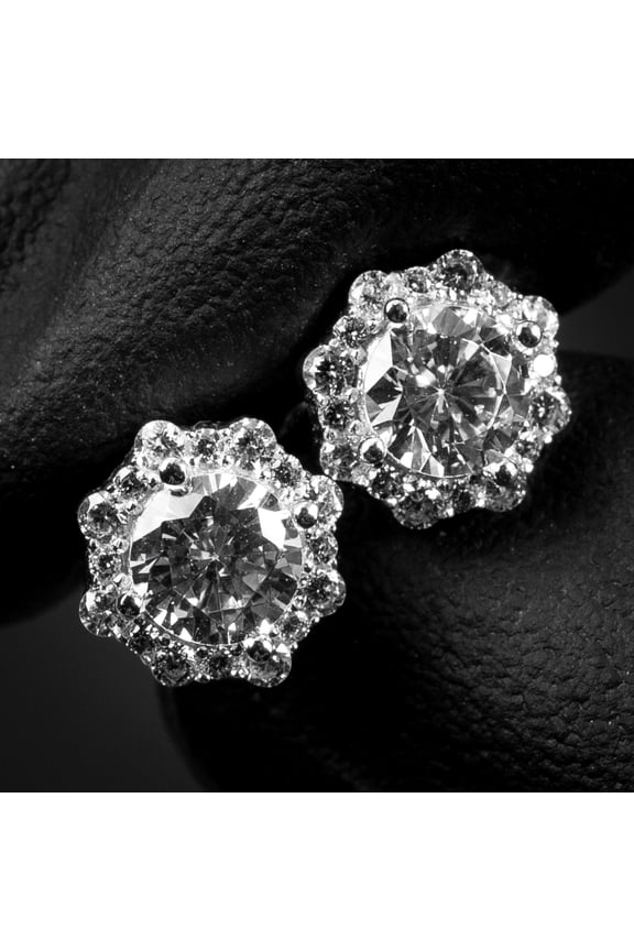 Brilliant 925 Sterling Silver White Gold Plated Flower Cluster Round Halo Unisex Iced Cz Hip Hop Hypoallergenic Men's Women's Circle Screw Back Cubic Zirconia Small Stud Earrings