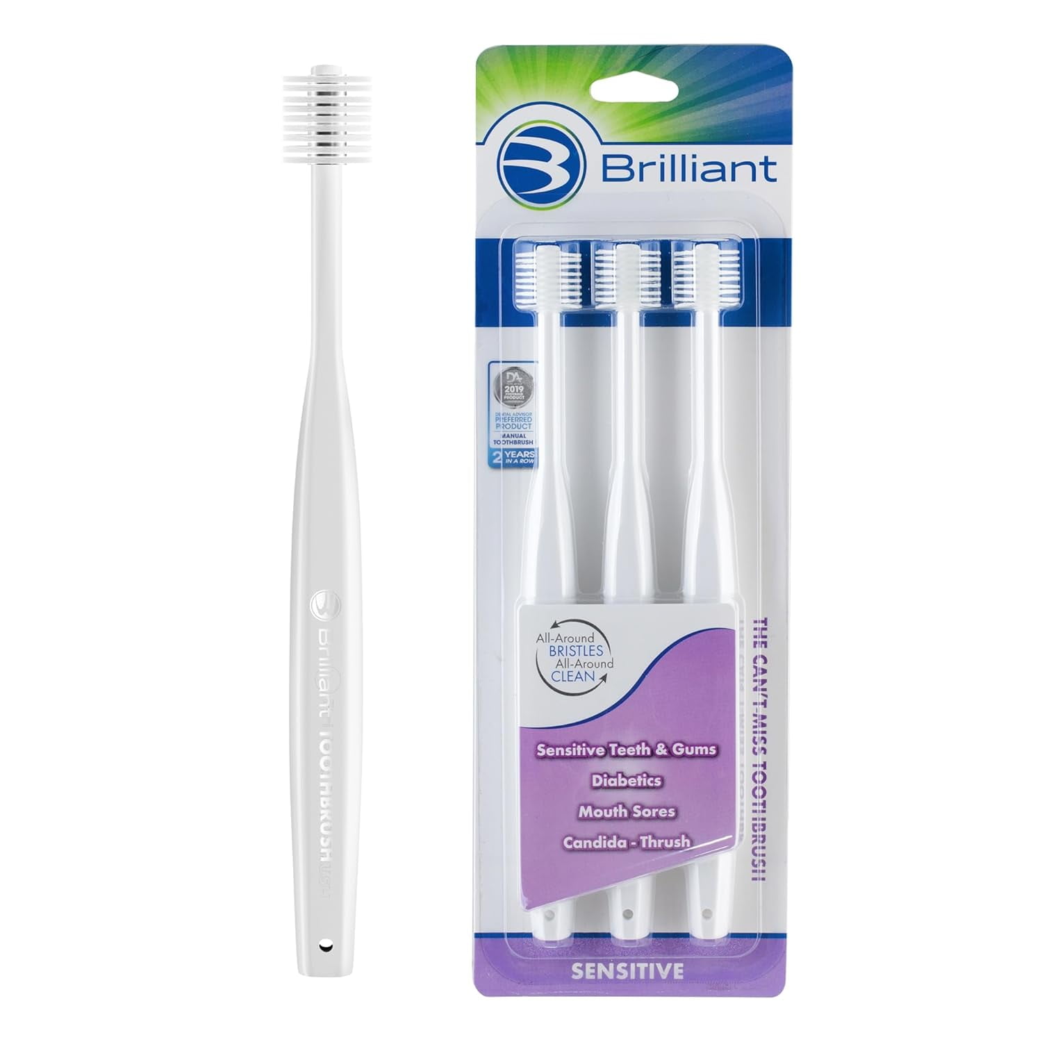 Brilliant Adult Extra Soft Bristles Toothbrush, Round Head, Great for Diabetics, White, 3 Count