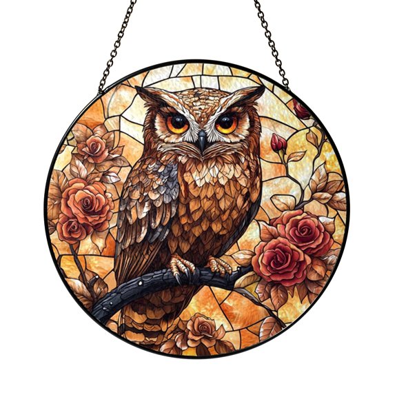 Brilliant Amber Star Owl and Blooming Roses Spring Suncatcher Decor