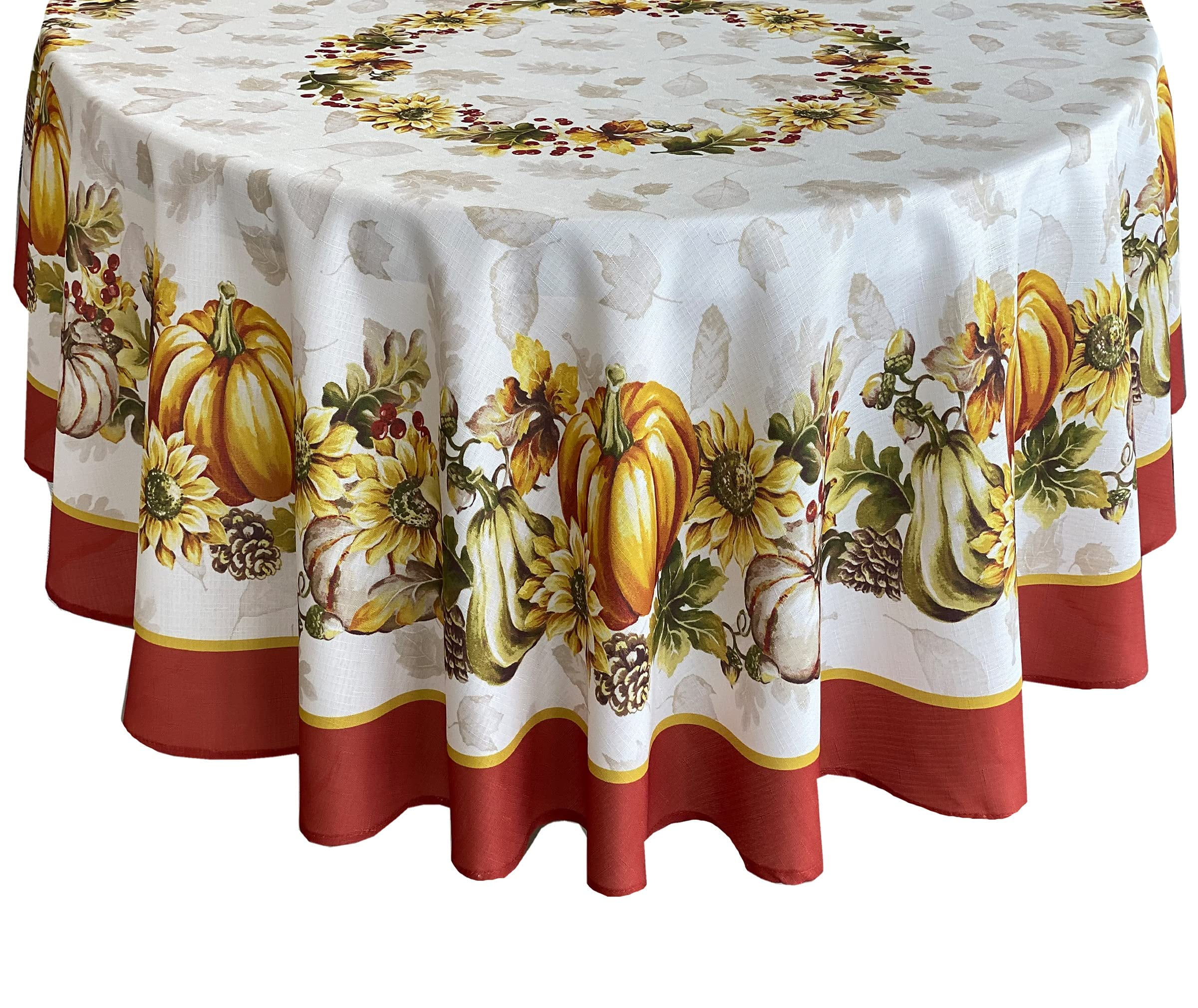 Autumn Harvest Oval Fabric Tablecloth with Pumpkin and Sunflower Print, 60" x 84"