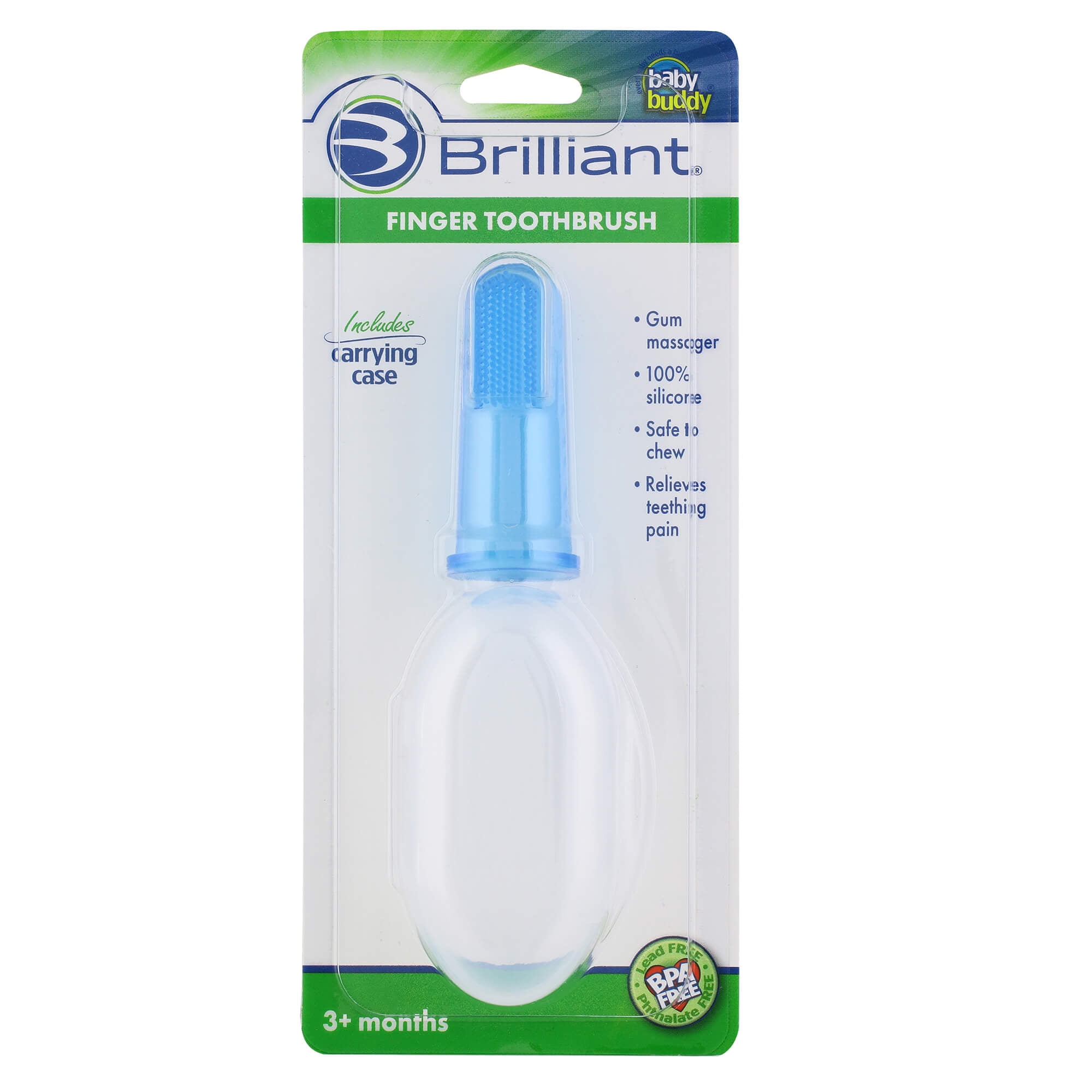 Brilliant Baby Infant Finger Toothbrush with Case, Soft Silicone Gum Massager & Teether Brush, Blue