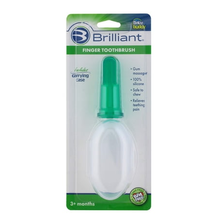 Brilliant Baby Infant Finger Toothbrush with Case, Soft Silicone Gum Massager & Teether Brush, Green