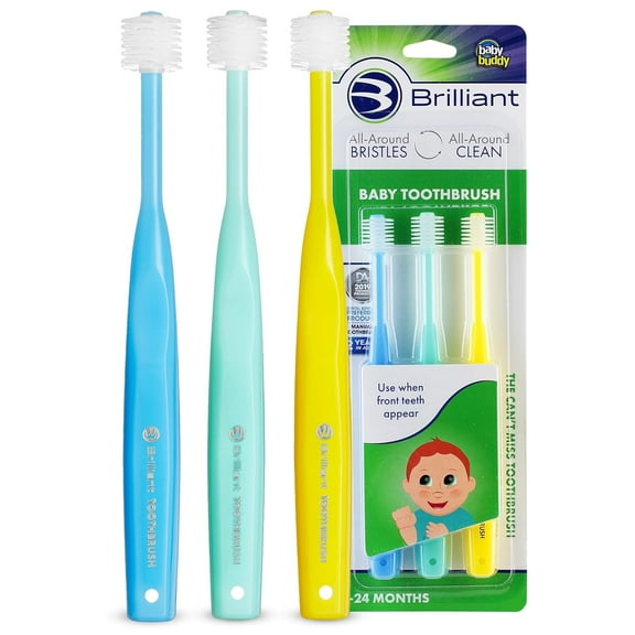 Brilliant Baby Infant Toothbrush Soft Bristles, Round Head, 424 Months 3Pack (Blue / Mint / Yellow)