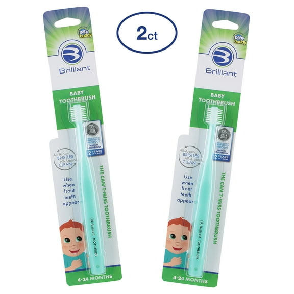 Brilliant Baby Infant Toothbrush - Ages 4-24 Months, Round Head, Soft Bristles, Mint, 2 Pack