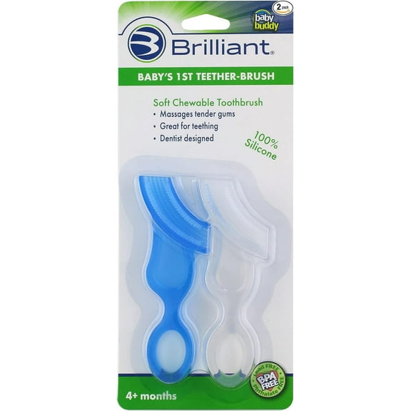 Brilliant Baby’s 1st Toothbrush - Silicone First Toothbrush for Babies and Toddlers, 4 Months Old and Up, Oral Care Must Haves Infant and Toddler, Baby Registry Essentials, Blue/Clear, 2 Brushes