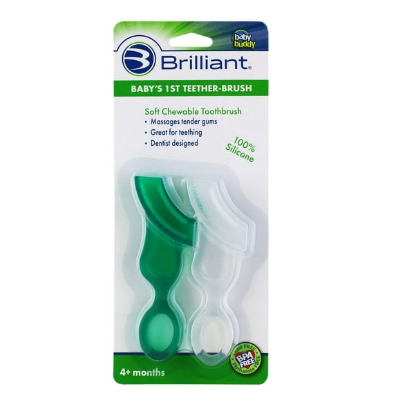 Brilliant Babys 1st Toothbrush Teether, Chewable Silicone, No-BPA First Brush for Babies, Toddlers, Green-Clear, 2 Count