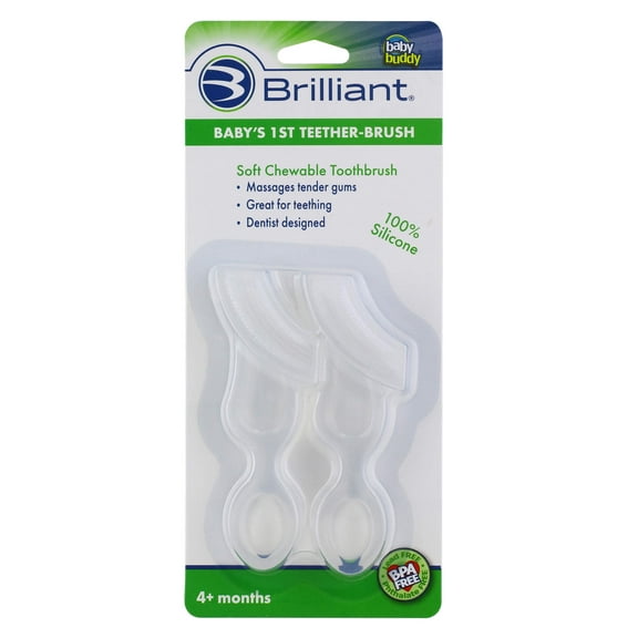 Brilliant Babys 1st Toothbrush Teether, Chewable Silicone, No-BPA First Brush for Babies and Toddlers, Clear, 2 Count