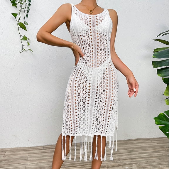Brilliant Beach Cover up Womens Bathing Suit Crochet Cover Ups Bikini Swimsuit Loose Tassels Coverup Sexy Dress Sleeveless Tank Hollow Out(White,One size)