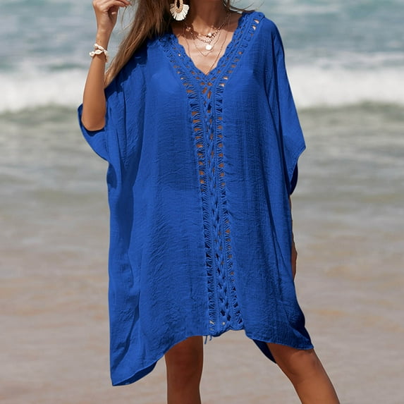 Brilliant Beach Cover up Womens Bathing Suit Bikini Swimsuit Coverup Crochet Loose Dress Sleeveless Tank Hollow Out(Blue,One size)