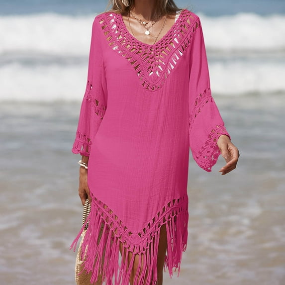Brilliant Beach Cover up Womens Bathing Suit Bikini Swimsuit Coverup Tassels Crochet Loose Dress Sleeveless Tank Hollow Out(Pink,One size)
