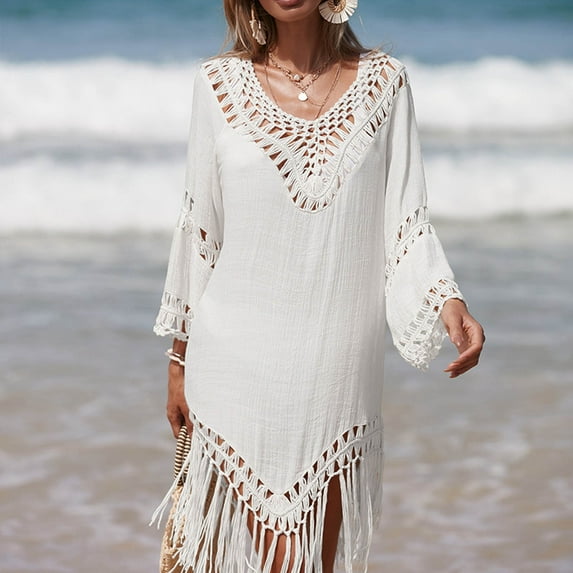 Brilliant Beach Cover up Womens Bathing Suit Bikini Swimsuit Coverup Tassels Crochet Loose Dress Sleeveless Tank Hollow Out(White,One size)