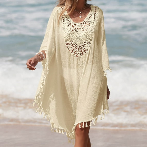 Brilliant Beach Cover up Womens Bathing Suit Bikini Swimsuit Coverup Tassels Loose Dress Sleeveless Tank Hollow Out(Beige,One size)