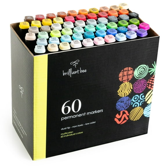 Brilliant Bee  60 Colors Permanent Marker Set  Bulk Pack, Assorted Colors, Chisel & Fine Point Tips, Long-Lasting Ink, Smear Proof