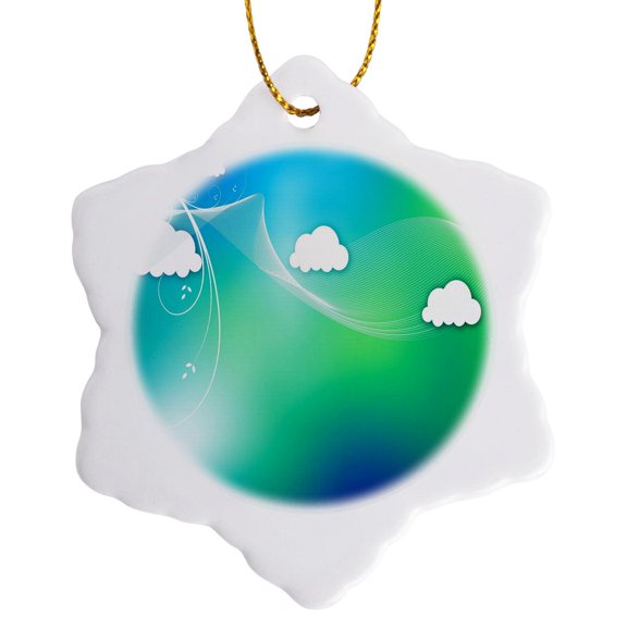 3drose, Brilliant Blue and Green with Floating White Clouds, 3 inch Snowflake Porcelain Ornament