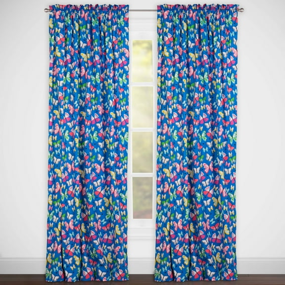 Brilliant Butterflies Rod Pocket Kids' Curtain Panel Blue: Modern Childrens Curtains, Light Filtering, 84"x50"