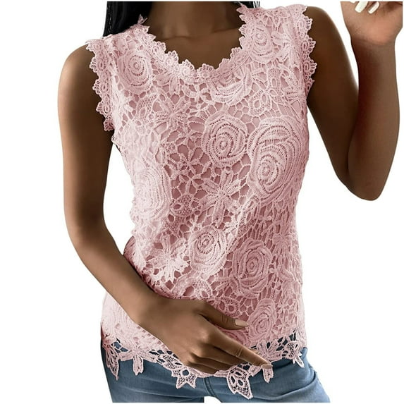Brilliant Casual Tops for Women Fashion Woman Rounk Neck Lace Sleeveless T-Shirt Autumn Solid Lace Blouse Tops Spring Tops for Women Deals Clothes under $5.00
