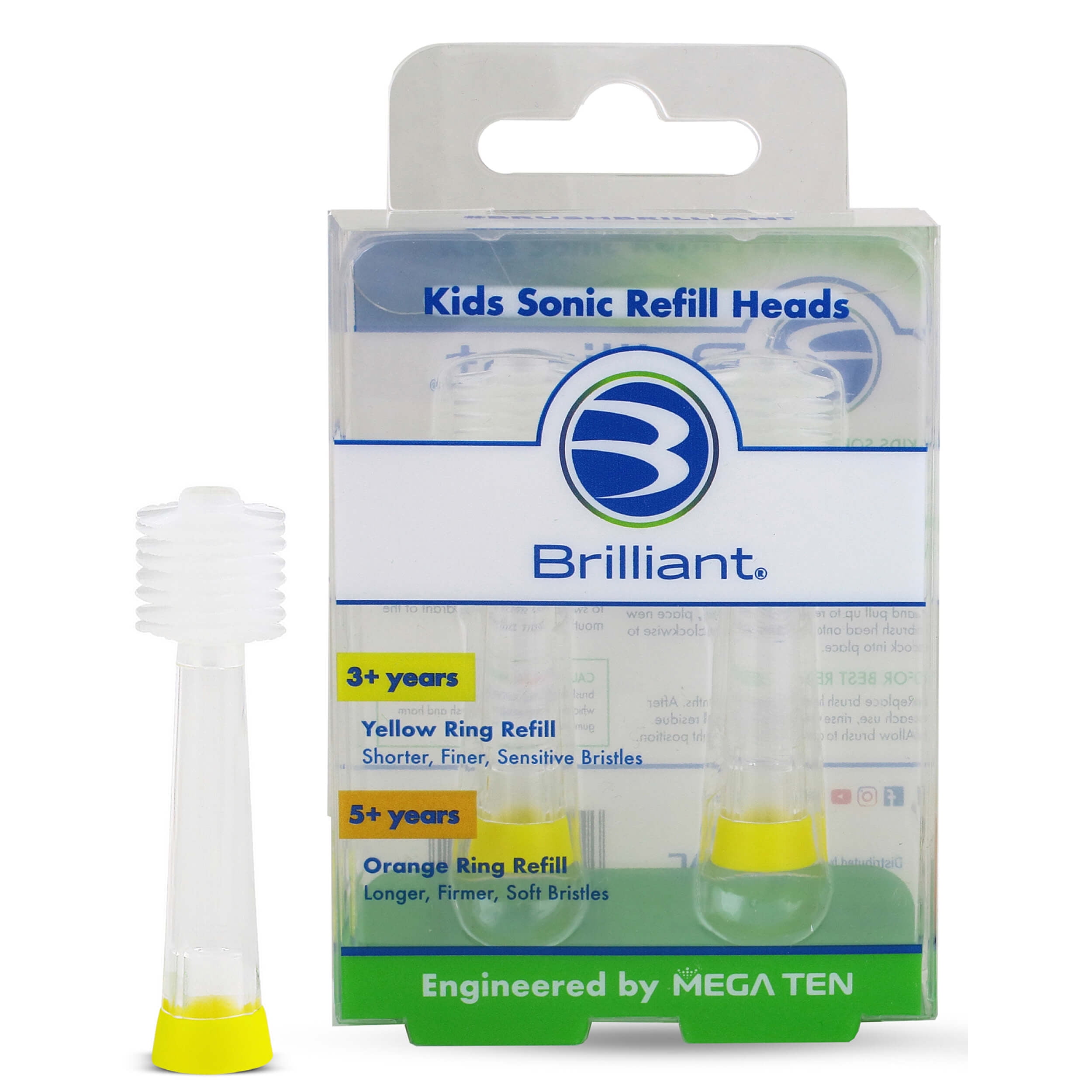 Brilliant Child Kids Sonic Toothbrush Refill Heads, Microfiber Soft Bristles, Yellow, 2 Count