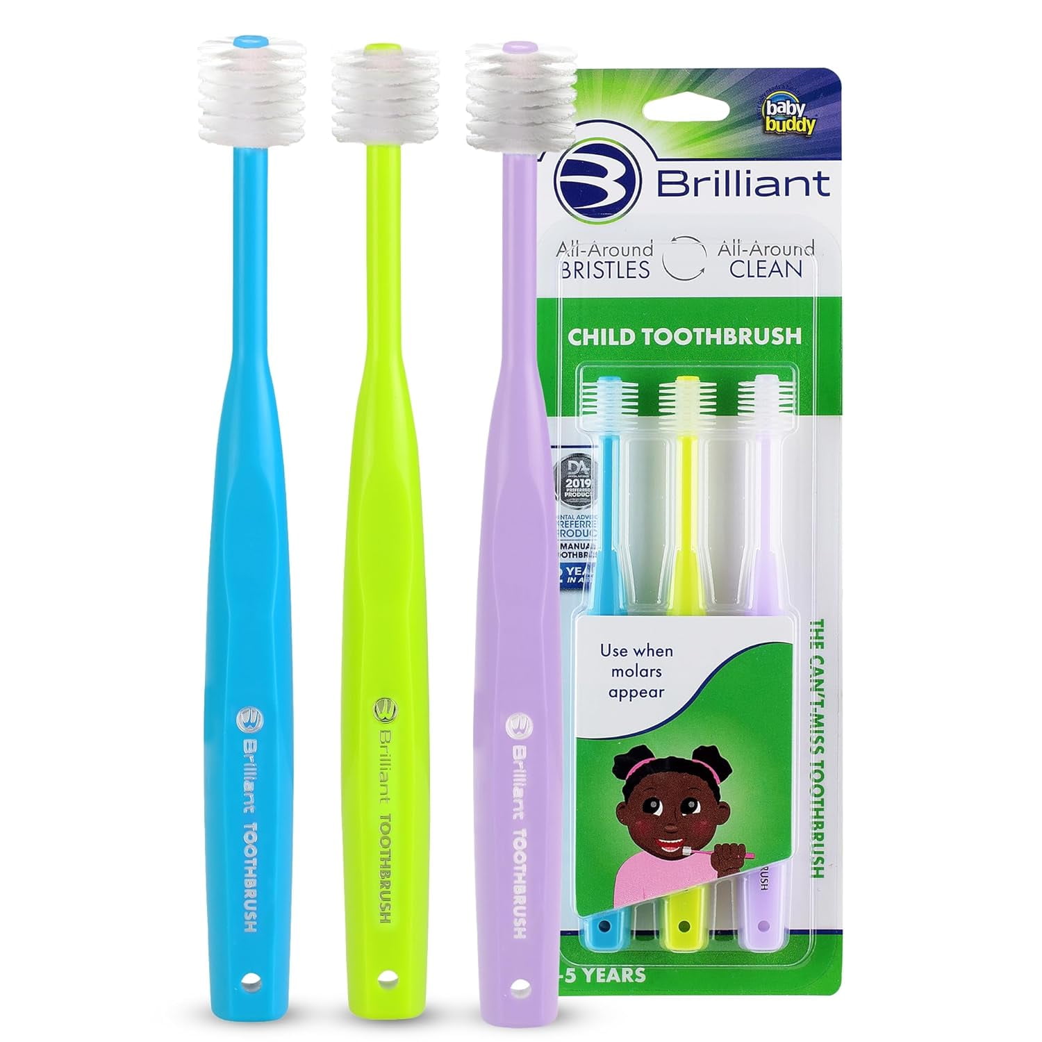 Brilliant Child Toothbrush, Soft Bristles, 2 to 5 Years, Blue Lime Lilac, 3 Count