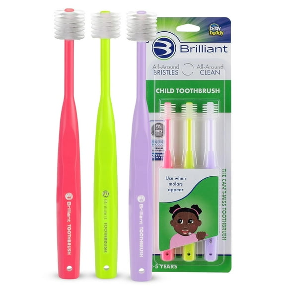 Brilliant Child Soft Toothbrush, Ages 2-5, Round Head, All-Around Clean, 3 Pack, Pink-Lime-Lilac