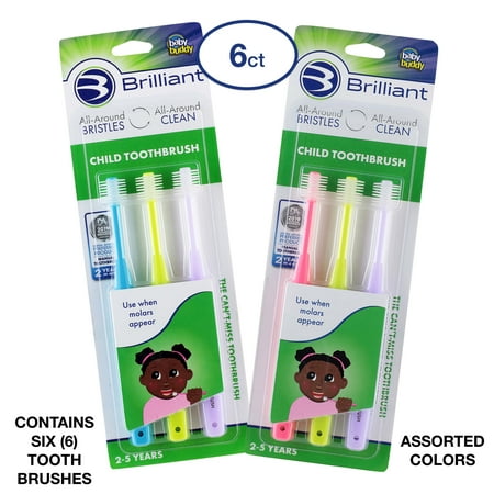 Brilliant Child Toothbrush, Soft Round Head, Ages 2-5, All-Around Clean, Multi Color 6 Pack