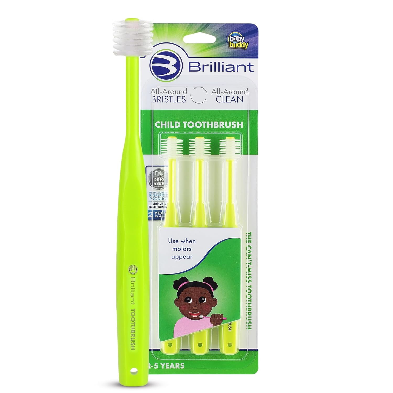 Brilliant Child Toothbrush, Soft Round Head, Ages 2-5, All-Around Clean, Lime 3 Pack