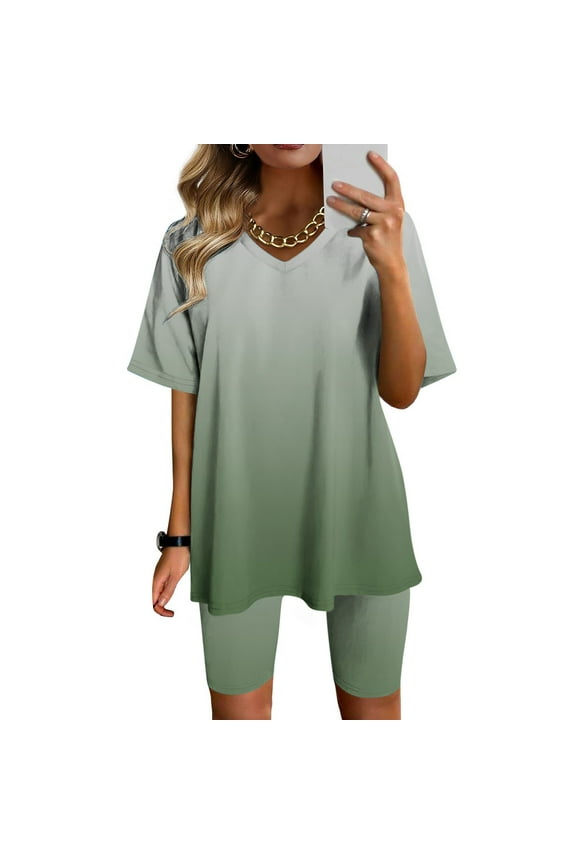 Brilliant 2 Piece Outfit for Women Women Fashion V-Neck Blouse Short Sleeve Tops Shorts Casual Suit Sets//Green/S-3XL