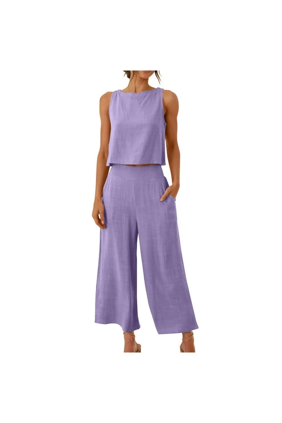 Brilliant 2 Piece Spring Sets for Women 2PC Fashion Woman Round Neck Solid Sleeveless Blouse +Loose Pockets Pants Sets//Purple/S-3XL