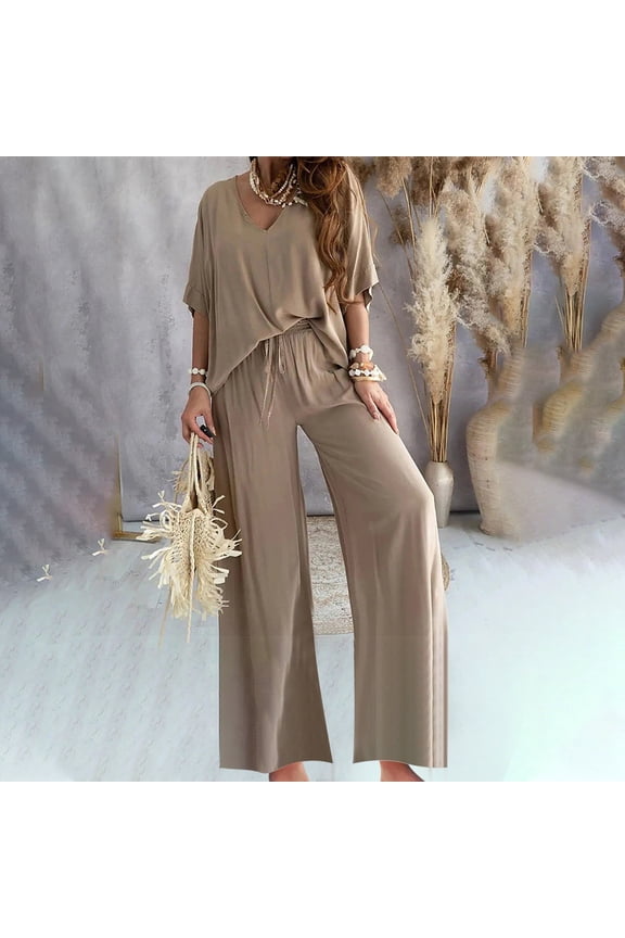 Brilliant 2 Piece Spring Sets for Women Women's Summer Suit Fashion Short Sleeve Color Trousers Casual Two-Piece Suit//Brown/S-2XL