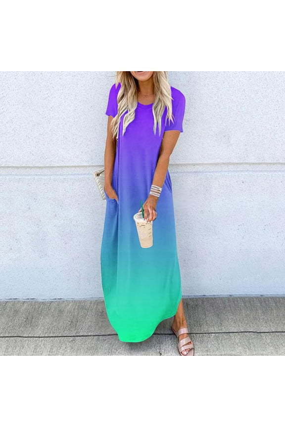 Brilliant Clothes for Women under $10 Women's Dresses Summer Dresses Casual Rounk Neck Short Sleeve Pockets Printing Long Holiday Party/Purple