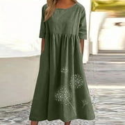 Brilliant Clothes for Women under $10 Womens Spring Summer Dresses Round Neck Cotton and Linen Casual Short Sleeved Dress Holiday Party/Green