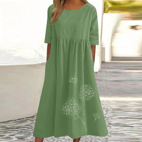 Brilliant Clothes for Women under $10 Womens Spring Summer Dresses Round Neck Cotton and Linen Casual Short Sleeved Dress Holiday Party/Green