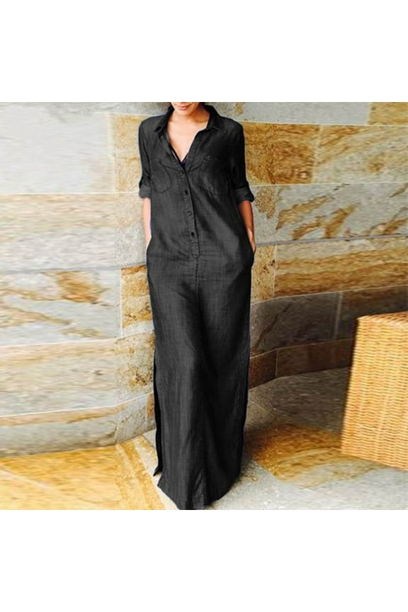 Brilliant Denim Dresses for Women Maxi Womens Long Sleeve Lapel Button Solid Color Long Denim Dress Black XXXXXL