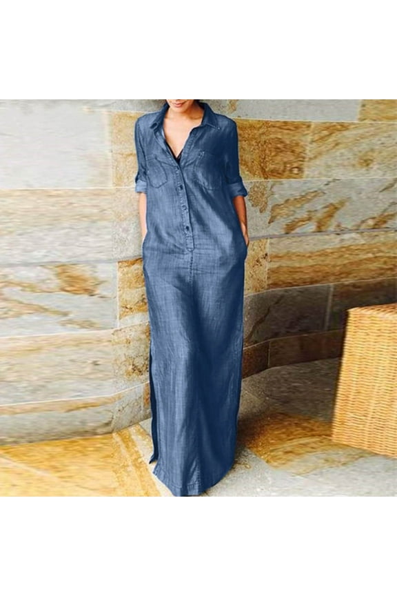 Brilliant Denim Dresses for Women Maxi Womens Long Sleeve Lapel Button Solid Color Long Denim Dress Blue XL