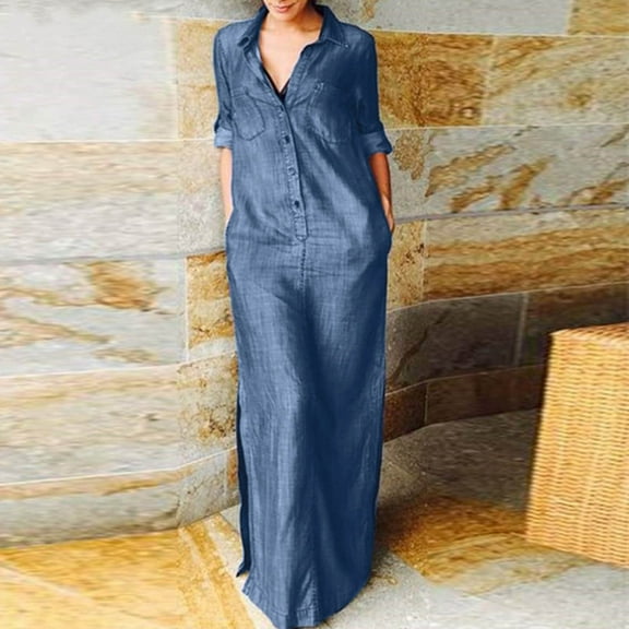 Brilliant Denim Dresses for Women Maxi Womens Long Sleeve Lapel Button Solid Color Long Denim Dress Blue XXXXXL