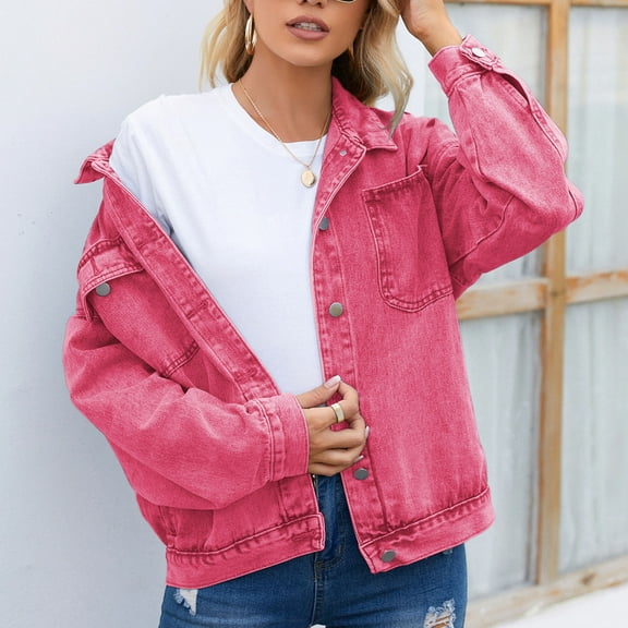 Brilliant Denim Jackets for Women Clearance Jean Jacket Women's Denim Jacket Long Sleeve Button Jean Coat Pink S