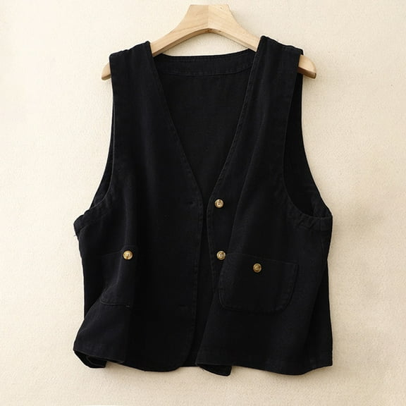 Brilliant Denim Jackets for Women Clearance Jean Jacket Women's Trendy Denim Linen Waistcoat Casual Denim Sleeveless Cardigan Vest Black M