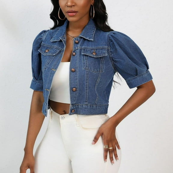 Brilliant Denim Jackets for Women Short Sleeve Jean Jacket Spring 2025 Women Casual Button Solid Short Sleeve Tops Jacket Coat Blue S