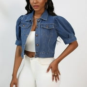 Brilliant Denim Jackets for Women Short Sleeve Jean Jacket Spring 2025 Women Casual Button Solid Short Sleeve Tops Jacket Coat Blue XL