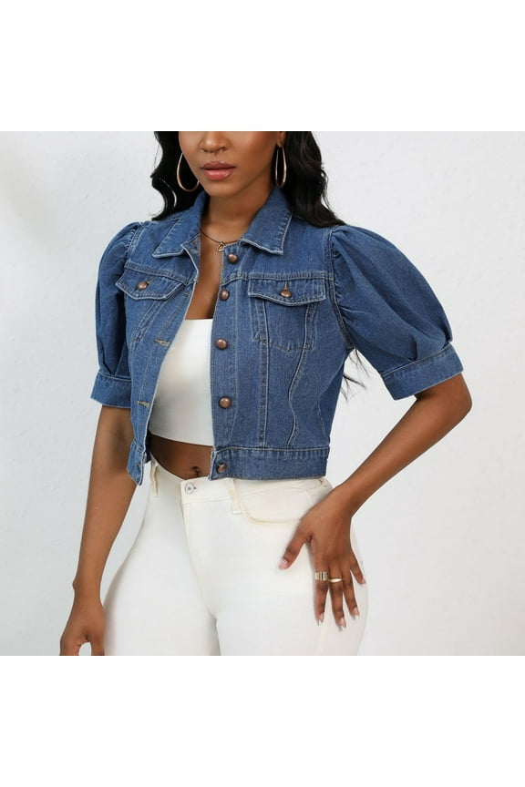Brilliant Denim Jackets for Women Short Sleeve Jean Jacket Spring 2025 Women Casual Button Solid Short Sleeve Tops Jacket Coat Blue XL