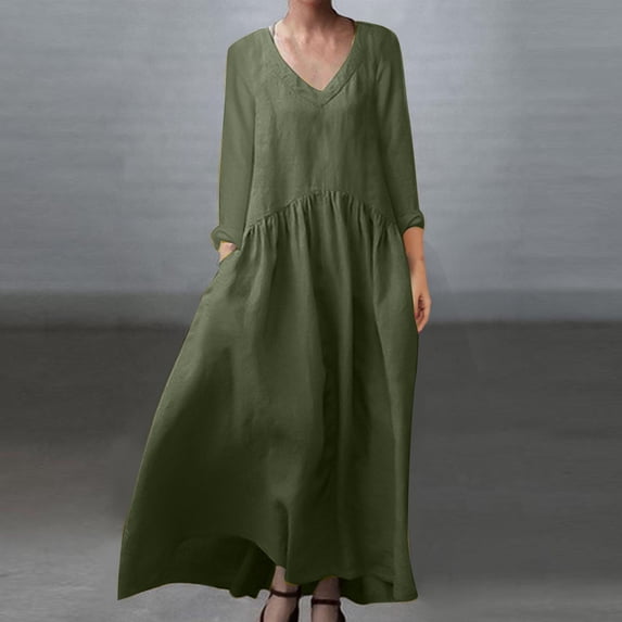 Brilliant Dresses for Women Plus Size Elegant Fall Winter V-Neck Solid Cotton Linen Casual Pocket Long Sleeve Dress Long Maxi Dresses New Arrivals Green XXXL