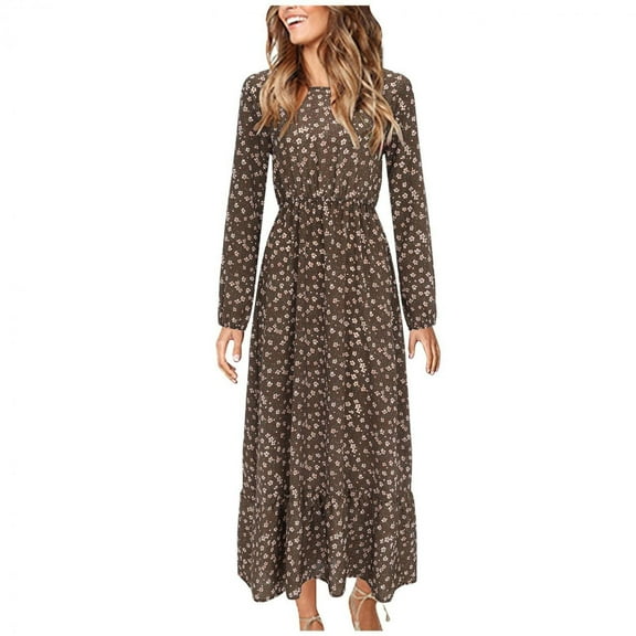 Brilliant Dresses for Women Plus Size Elegant Women Fall CrewNeck Floral Printed Slim Long Sleeves Ankle-length Dress Long Maxi Dresses New Arrivals Brown L