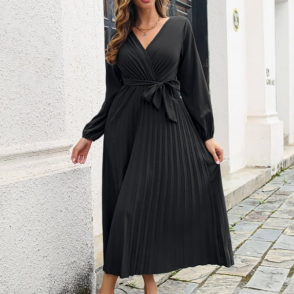 Brilliant Dresses for Women Plus Size Elegant Women's Spring Summer Solid Color V-Neck Pleated Dress Long Skirt Black M