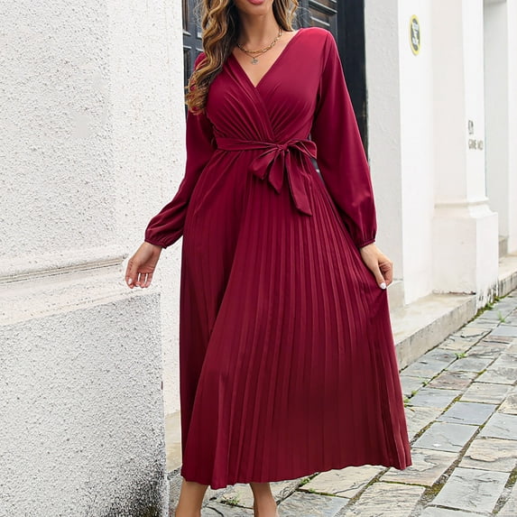 Brilliant Dresses for Women Plus Size Elegant Women's Spring Summer Solid Color V-Neck Pleated Dress Long Skirt Red S